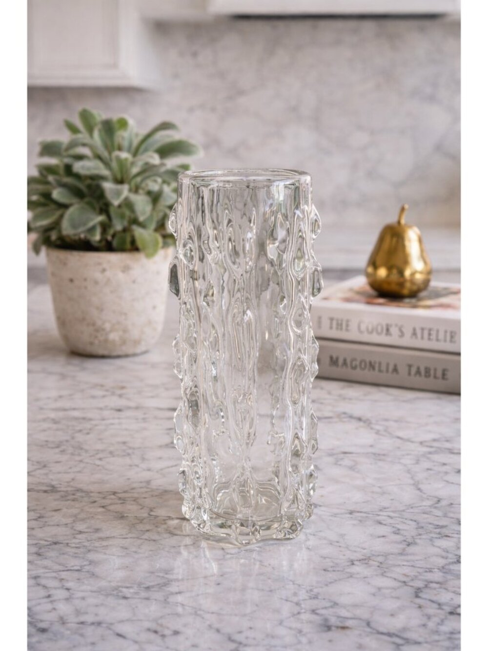 Vintage Czech Art Glass Vase Clear Heavy Textured Optic Mid Century 10" High